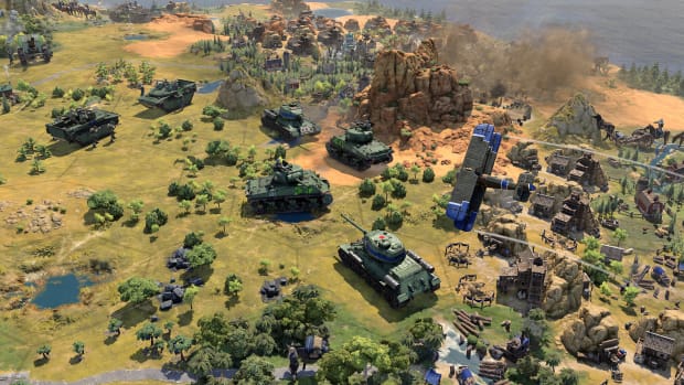 Civilization 7 screenshot showing modern armor in battle.