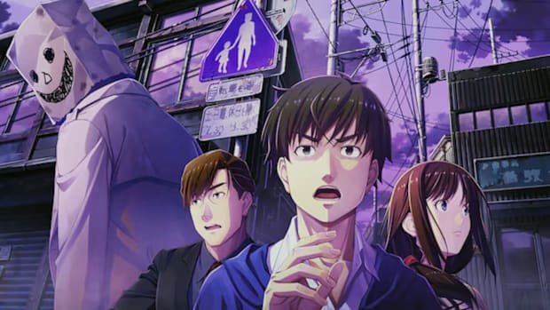 The cover art of Emio The Smiling Man, featuring the Utsugi agency staff and a man with a paper bag on his head