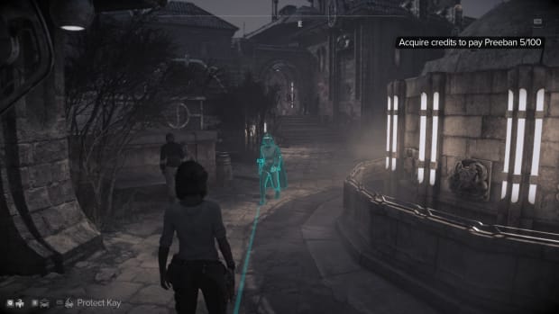 Star Wars Outlaws gameplay. An armed guard highlighted in blue while Kay looks at them.