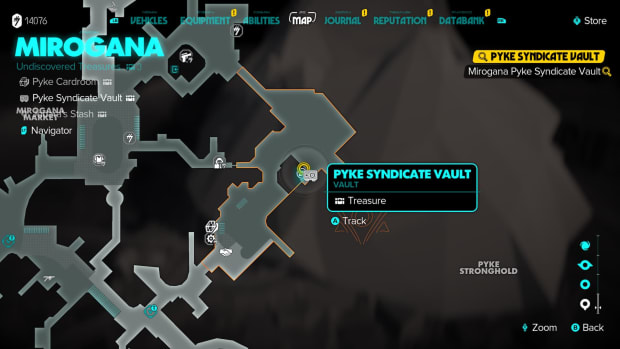 Star Wars Outlaws - A map of Mirogana in Star Wars Outlaws with the Pyke Syndicate Vault location highlighted.