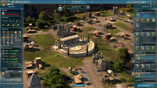 Ara: History Untold screenshot showing a city menu with information and options on the left and right of the screen.