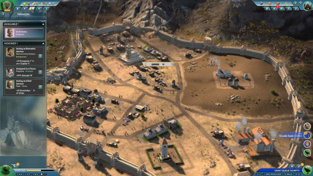 Ara: History Untold screenshot showing a desert city with the Parago menu on the left.