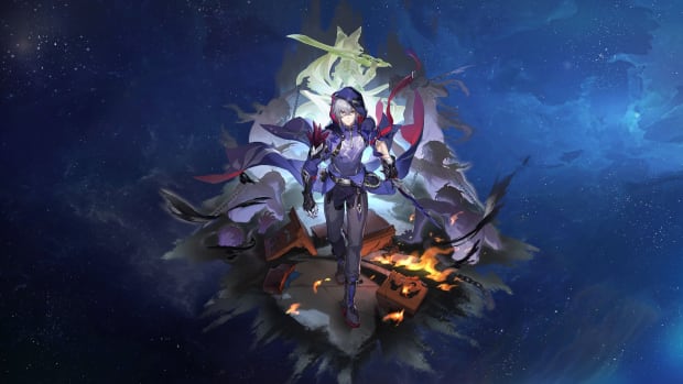 Honkai: Star Rail Moze splash art on space background.