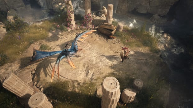 A screenshot from Titan Quest 2 showing a warrior facing a mythical beast.