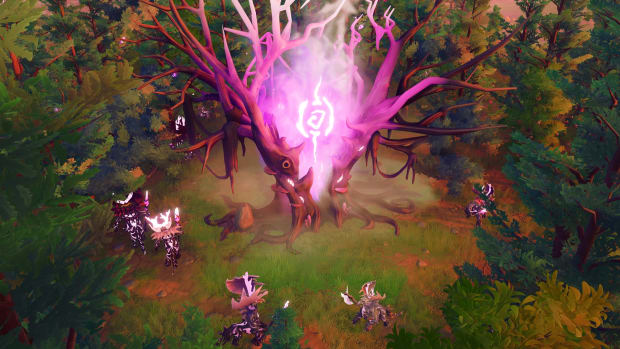 Pioneers of Pagonia screenshot showing cursed creatures praying to a mysterious purple tree.