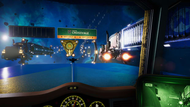 Star Trucker screenshot. POV shot from the cockpit of a truck, driving down a space highway surrounded by other trucks.