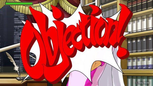 AAI screenshot. The word "Objection!" in bright red font in a spiky red speech bubble across the screen