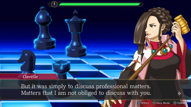 AAI screenshot. Verity Gavélle standing in the Mind Chess background, with a blue-tinted board behind her and pieces in front