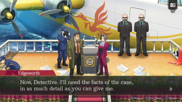 AAI screenshot. Edgeworth standing on a stage talking with Gumshoe as forensic scientists examine the scene.