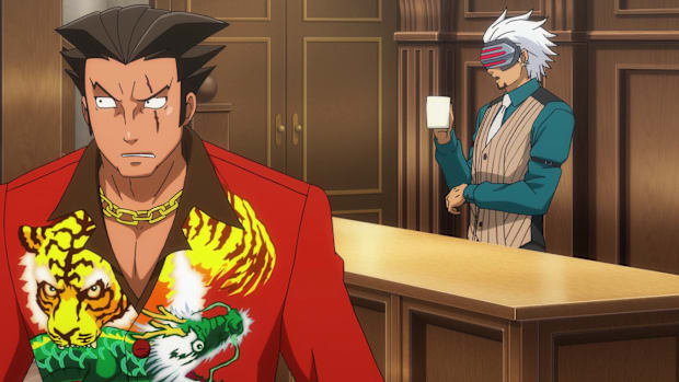 Ace Attorney anime screenshot. Don Tigre looing confused while Godot stand behind him holding coffee.