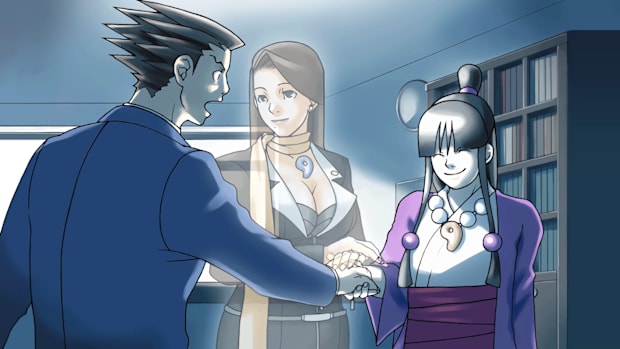 AA1: PW screenshot. Phoenix and Maya shaking hands while a ghostly Mia watched over them