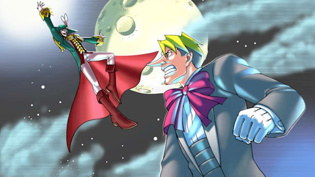 AA3: T&T screenshot. Luke Atmey looking up at Mask DeMasque in the moonlight