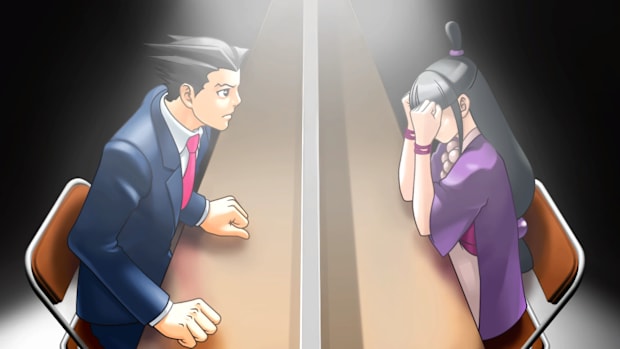 AA2: JFA screenshot. Phoenix and Maya sitting across each other with glass between them, Maya has her head in her hands.