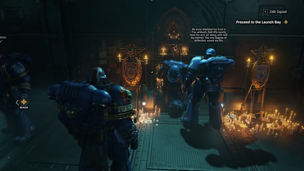 Warhammer 40,000: Space Marine 2 screenshot showing Space Marines holding a funeral for a fallen brother.