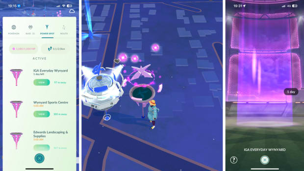 A collage of Pokemon Go screenshots showing the Power Spot nearby screen, a Power Spot on the map, and a Power Spot screen.