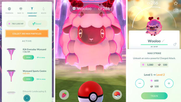 A collage of Pokemon Go screenshots showing a Power Spot nearby screen with MP obtainable, a Dynamax Wooloo, and a max move.