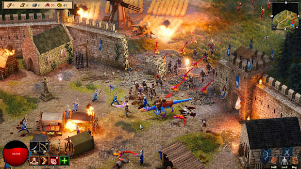 Dinolords screenshot showing a castle being stormed by dinosaurs.