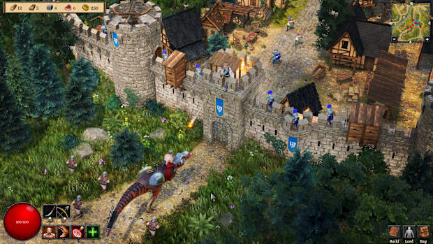 Dinolords screenshot showing a T-Rex approaching the gates of a castle.