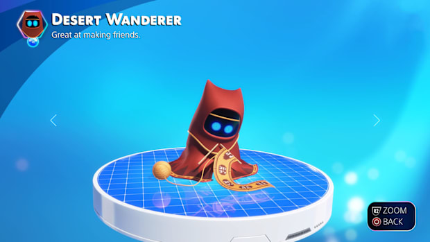 An Astro Bot cameo of The Traveler from Journey.