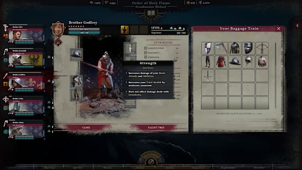 Band of Crusaders screenshot showing an inventory as well as character sheet.