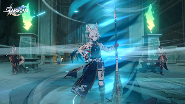 Honkai: Star Rail screenshot of Feixiao standing amidst a whirlwind.