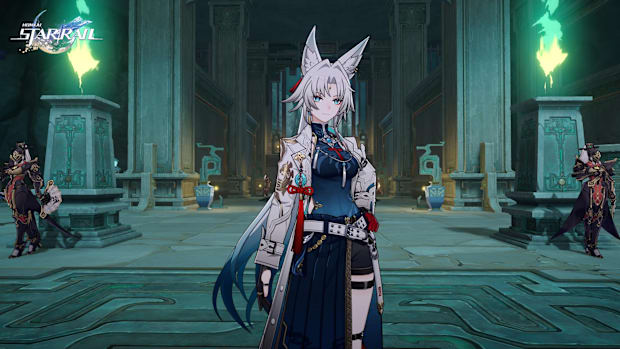 Honkai: Star Rail screenshot of Feixiao standing in a grand hallway.