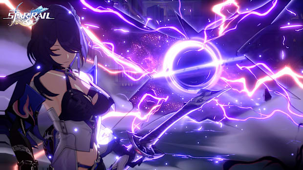 Honkai: Star Rail screenshot of Acheron with closed eyes.