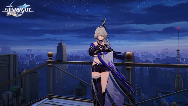 Honkai: Star Rail screenshot showing Acheron leaning against her sword.