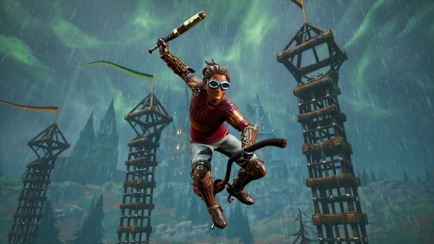 Harry Potter Quidditch Champions screenshot. A Gryffindor Beater raising their bat while flying in the rain