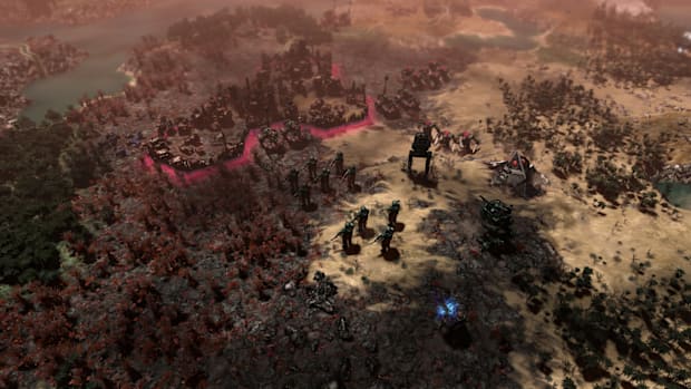 Warhammer 40,000: Gladius - Relics of War screenshot showing oversized armies on a map.