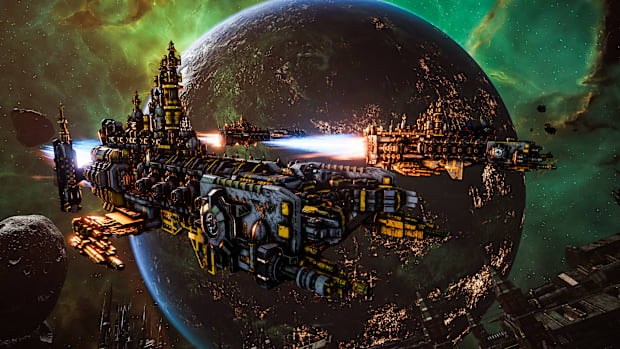 Battlefleet Gothic: Armada 2 screenshot of cathedral-like battleships in space.