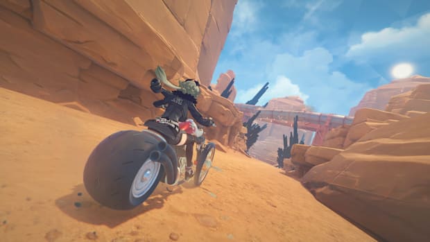 Zenless Zone Zero screenshot of a girl riding a motorcycle through a desert valley.