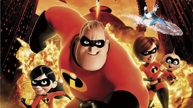 The Incredibles poster. Mr Incredible in the center with the othr family members flanking him.