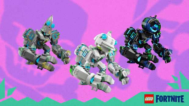 Three LEGO Fortnite Golems. One grey, one white, and one black.