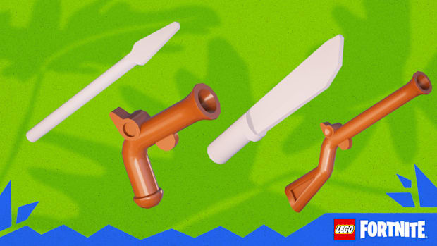 LEGO Fortnite screenshot of a spear, machetter, pistol, and a musket.