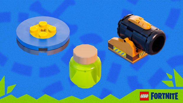 LEGO Fortnite screenshot. A swivel, canon, and stink jar.