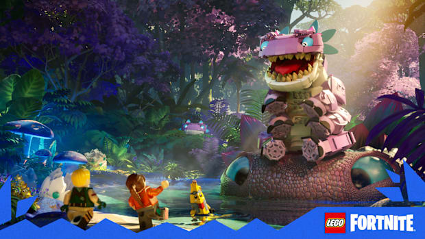 LEGO Fortnite screenshot. Four LEGO characters meeting Klombo in a lagoon in the jungle.