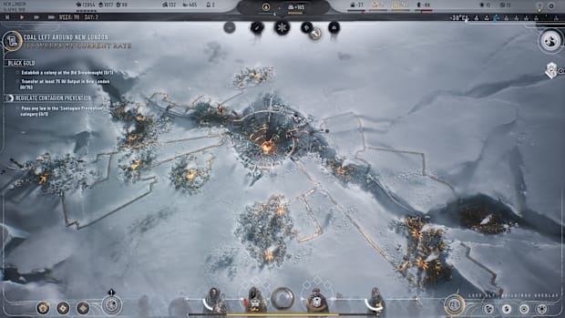 Frostpunk 2 screenshot showing a city carved into an icy landscape.