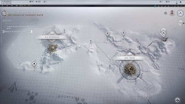 Frostpunk 2 screenshot showing a map with two cities on it.