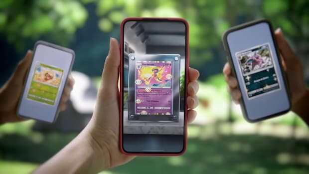 Pokémon TCG Pocket trailer screengrab showing three phones running the game.
