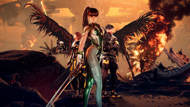 Stellar Blade screenshot showing an attractive woman in a tight skinsuit in front of an explosion.