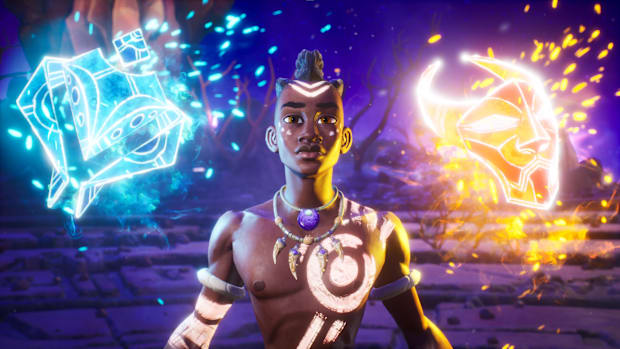The main character from Tales of Kenzara Zau flanked by blue and green spirits