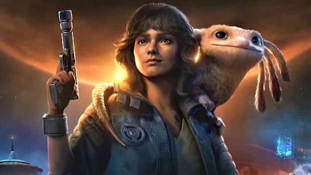 Kay Vess from Star Wars Outlaws, with Nix on her shoulder and a blaster in her hand