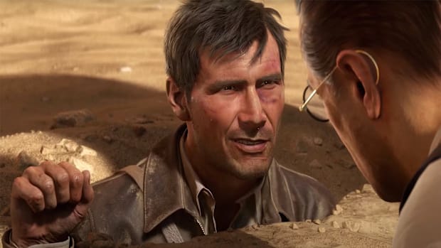 Indiana Jones is about to beat a Nazi in the desert in “The Great Circle.”