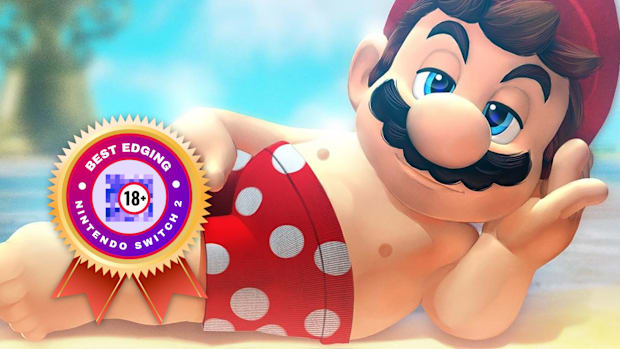 Mario laid on a beach in swimming trunks
