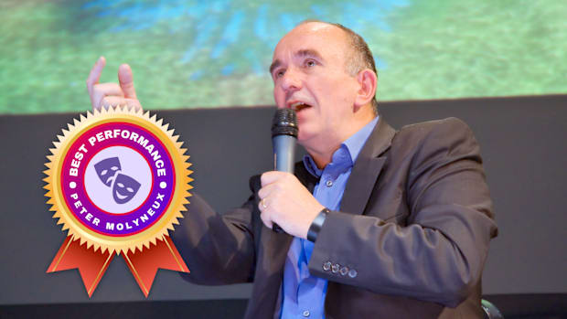 Peter Molyneux talks into a microphone