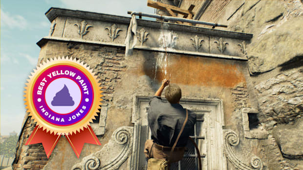 Indiana Jones climbs up his whip next to some bird droppings. 