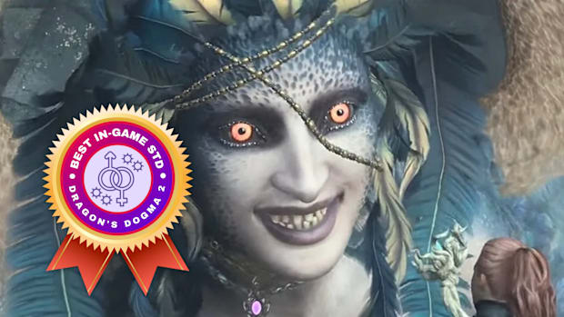 A harpie in Dragon's Dogma 2 smiles with yellow maniacal eyes