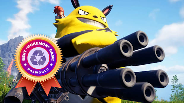 A Pal uses a minigun in Palworld