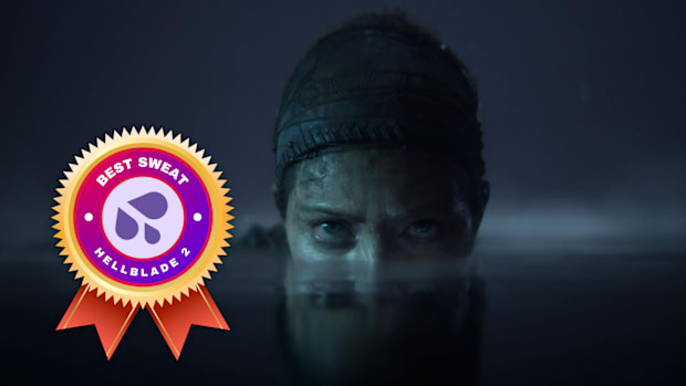 Senua swims in the dark in Hellblade 2, her head barely above the water, eyes on the camera